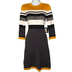 JH Mustard Yellow Gray White Colorblock A-Line Sweater Dress S NWT